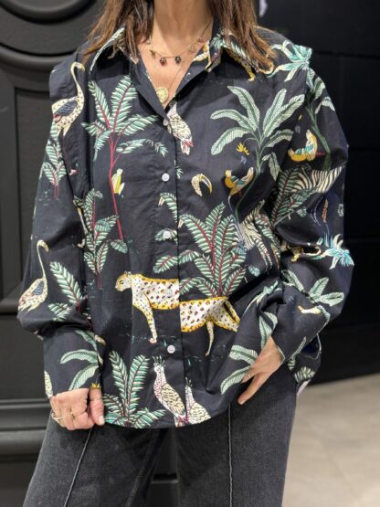 Chemise Jungle Noir - Imprimé exotique : palmier, félins, oiseaux, etc 4