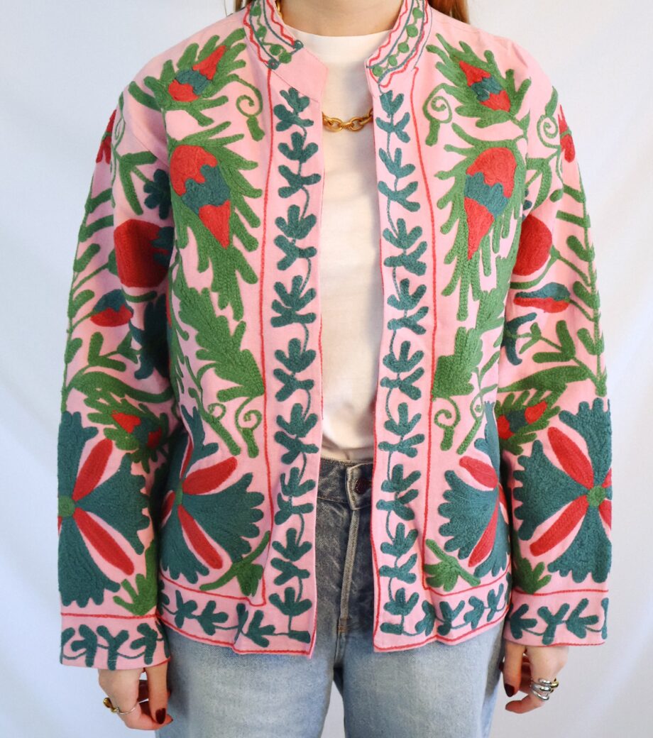 Veste Brodée Dahlia - Fleur Rose et Verte