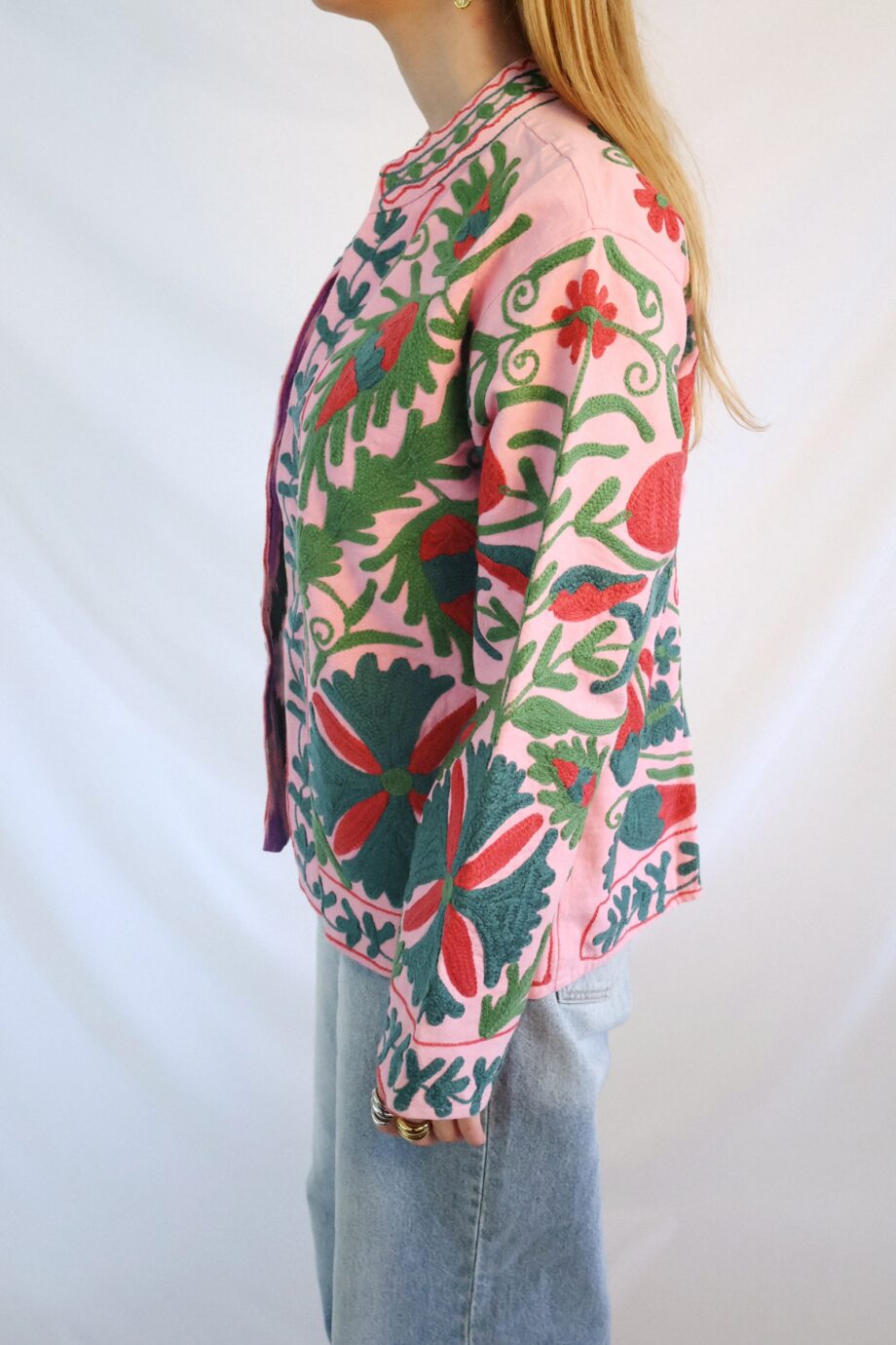 Côté Veste Brodée Dahlia - Fleur Rose et Verte