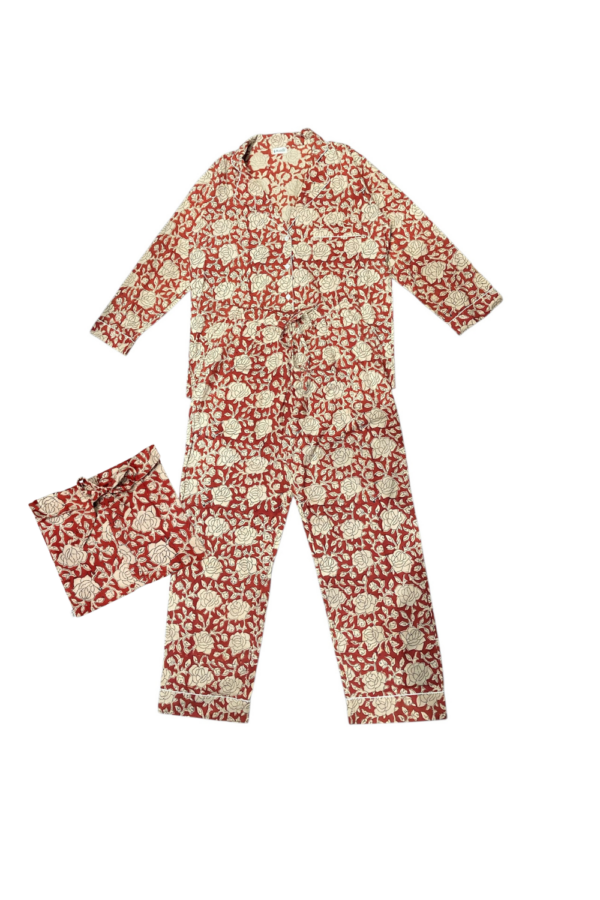 Ensemble Pyjama Anjali couleurs Ocre avec des roses beiges