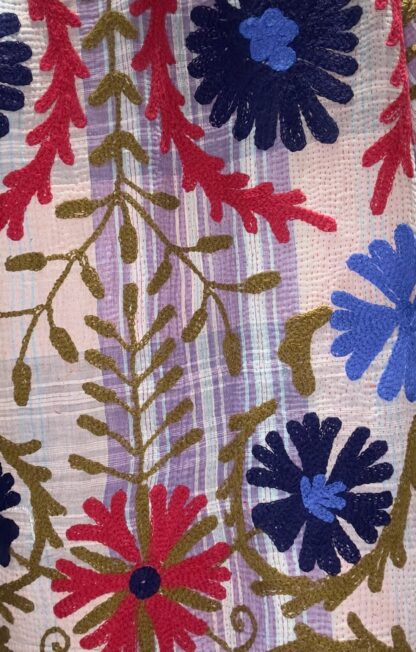 Détail du Manteau Long Kavita - Khanta Suzani - Modèle Camille - Manteau de couleur violet avec des teintes de rouge, bleu marine, vert et kaki fleurit