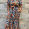 Robe Longue Kavya - aux manches courtes. Style chemise. Couleur Bleu Tournesol