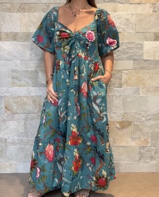 Robe Anaya Majesté - Robe longue aux manches courtes. Imprimé floral bleu