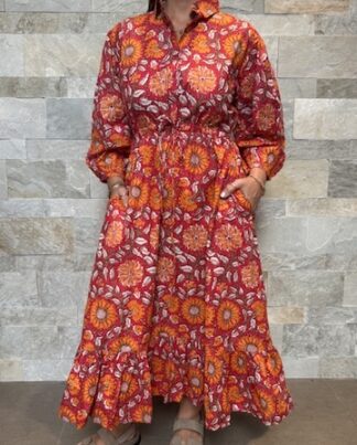 Robe Longue Padma - aux manches longues smockée. Couleur Rose Orangé