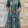 Robe Longue Tara - aux manches longues. Col Bateau. Couleur Bleu