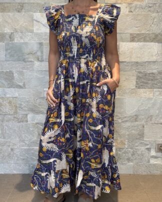 Robe Longue Mira - aux manches courtes smockée. Couleur violette