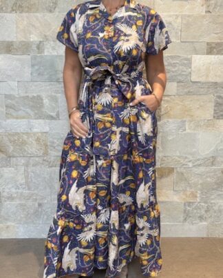 Robe Longue Kavya - aux manches courtes. Style chemise. Couleur Bleu Nuit