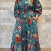 Robe Longue Padma - aux manches longues smockée. Couleur Bleu Paon