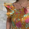 Robe Longue Mira - aux manches courtes smockée. Couleur jaune moutarde 3