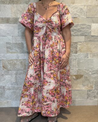 Robe Anaya Majesté - Robe longue aux manches courtes. Imprimé floral rose et blanche