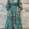 Robe Longue Padma - aux manches longues smockée. Couleur Verte