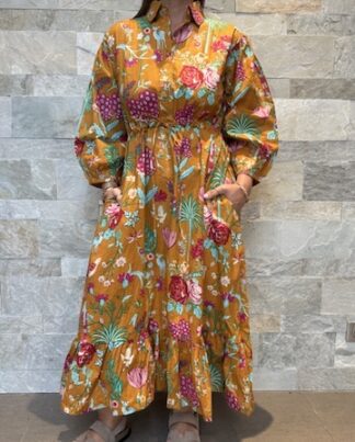 Robe Longue Padma - aux manches longues smockée. Couleur Jaune Moutarde