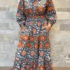 Robe Longue Padma - aux manches longues smockée. Couleur Bleu Tournesol