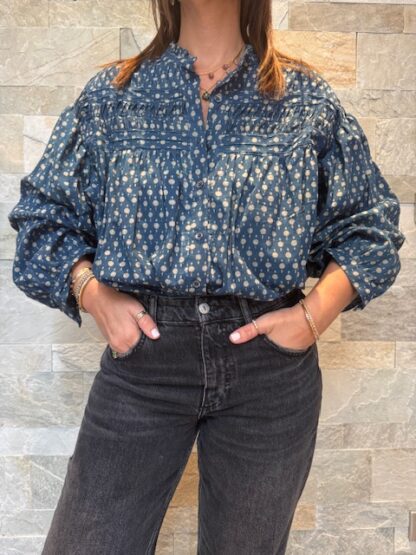 Blouse Nila - Blouse en coton, taille unique. Bleu avec des points beige.