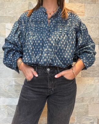 Blouse Nila - Blouse en coton, taille unique. Bleu avec des points beige.