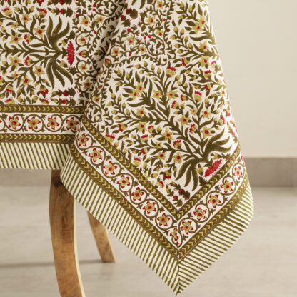Nappe Kerala, modèle florale kaki, blanche et rose. Taille 150 x 230 3
