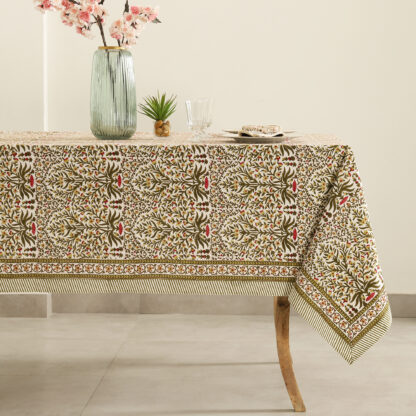 Nappe Kerala, modèle florale kaki, blanche et rose. Taille 150 x 230 2