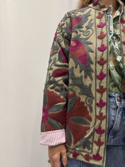 Veste Sha Micasasté vue de côté droit, motifs Suzani raffinés sur fond kaki avec terracota, prune et kaki foncé.