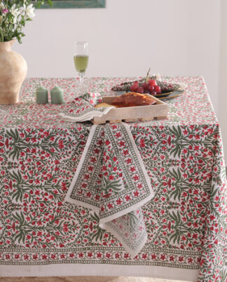 Nappe Ravika, nappe fond blanc avec des imprimés fleurie rouge et vert