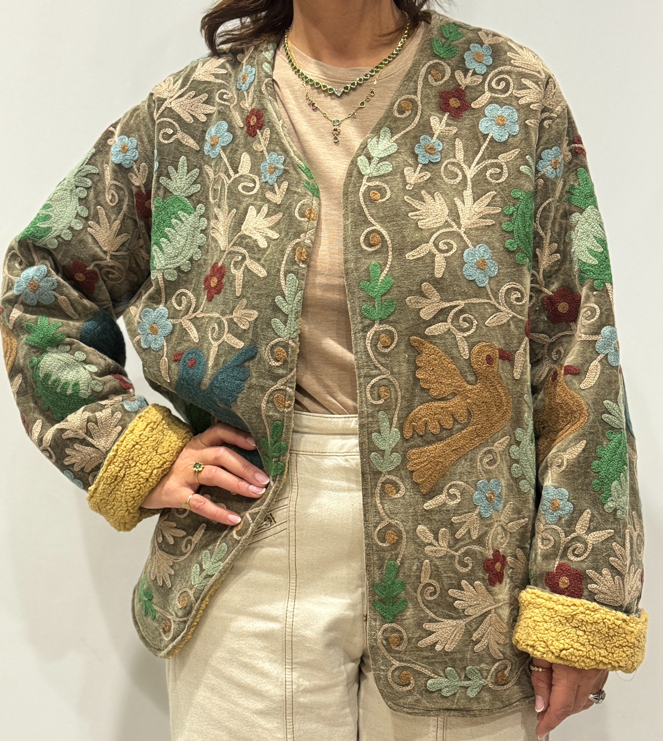 Veste Amira Micasasté en velours beige-gris, broderies colorées de fleurs et oiseaux, vue de face.