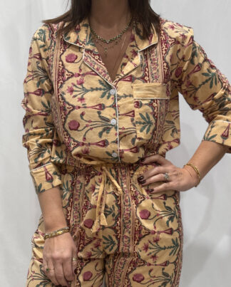 Pyjama Aiza - Chemise et pantalon en coton 100 %, avec pochette assortie, style premium, fabriqué en Inde.