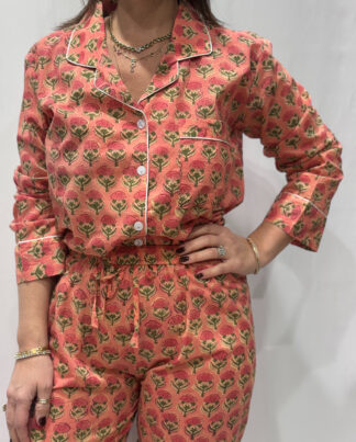 Pyjama Rosalind - Chemise et pantalon en 100 % coton, avec pochette assortie, style premium, fabriqué en Inde.