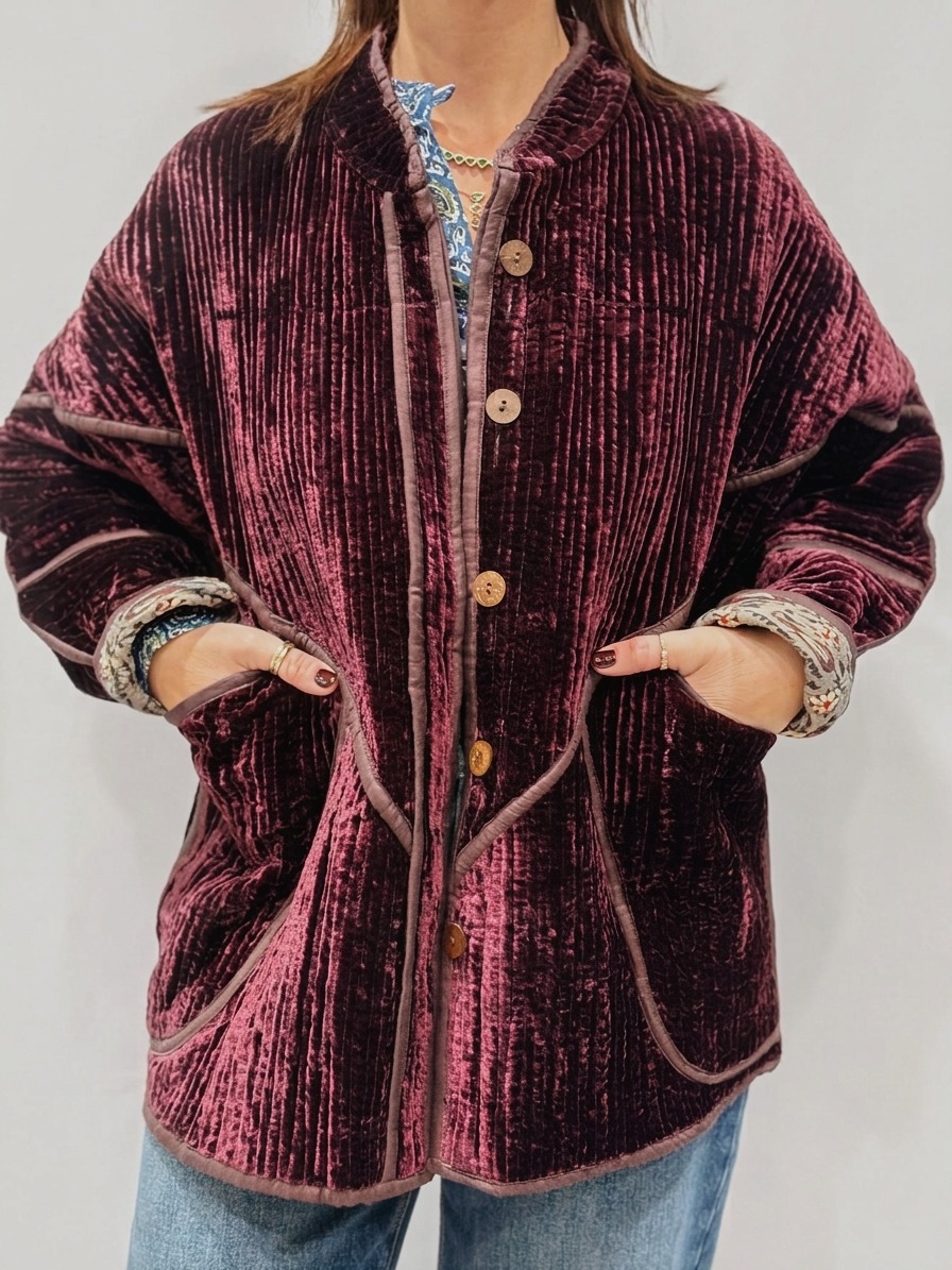 La veste Tan, une veste en velours de soie réversible. Une veste marron foncée, et à l'intérieur un imprimé marron avec des motifs.
