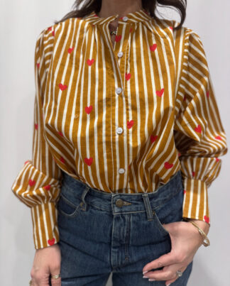 Blouse Pyaar Jaune, Taille Unique. Une blouse rayé jaune imprimés avec des coeurs.