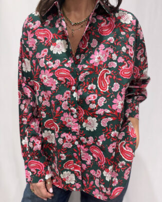 Chemise Upama Verte, la chemise Upama en coton imprimé floral. Taille unique.