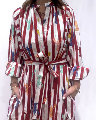 Robe Lobster Bordeaux, une robe longue rayée bordeaux. Une robe taille unique qui se ceinture à la taille. Des manches longues.