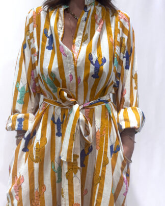 Robe Lobster Jaune, une robe longue rayée jaune. Une robe taille unique qui se ceinture à la taille. Des manches longues.