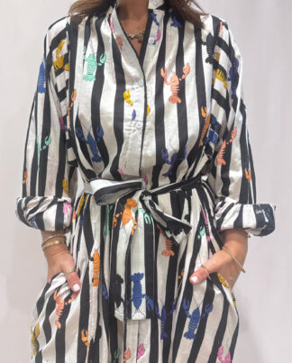 Robe Lobster Noire, une robe longue rayée noire. Une robe taille unique qui se ceinture à la taille. Des manches longues.
