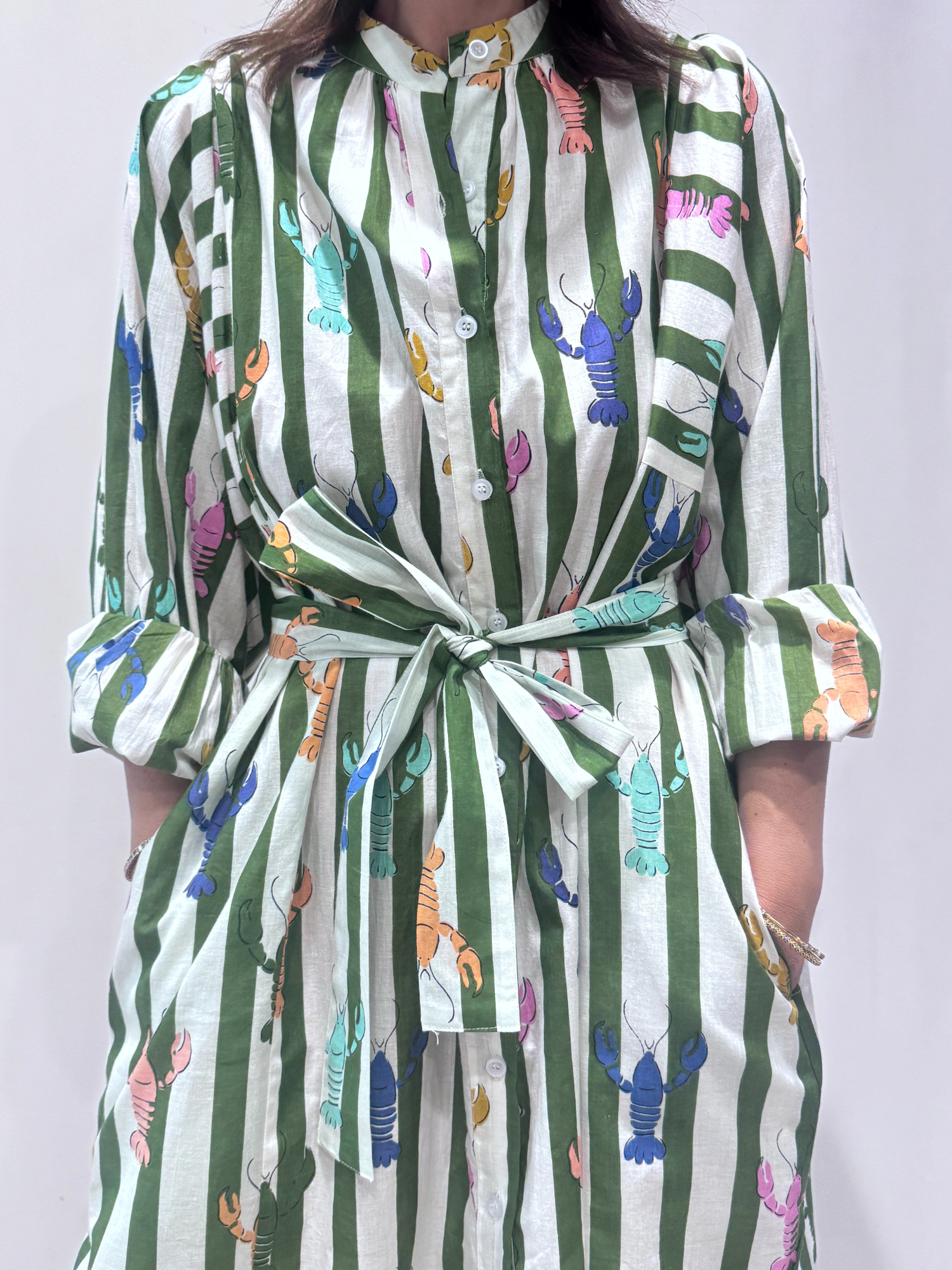 Robe Lobster Verte, une robe longue rayée verte. Une robe taille unique qui se ceinture à la taille. Des manches longues.