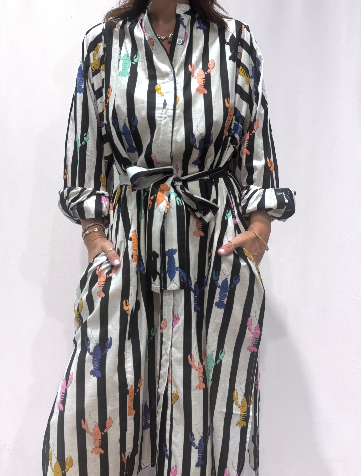 Robe Lobster Noire, une robe longue rayée noire. Une robe taille unique qui se ceinture à la taille. Des manches longues.