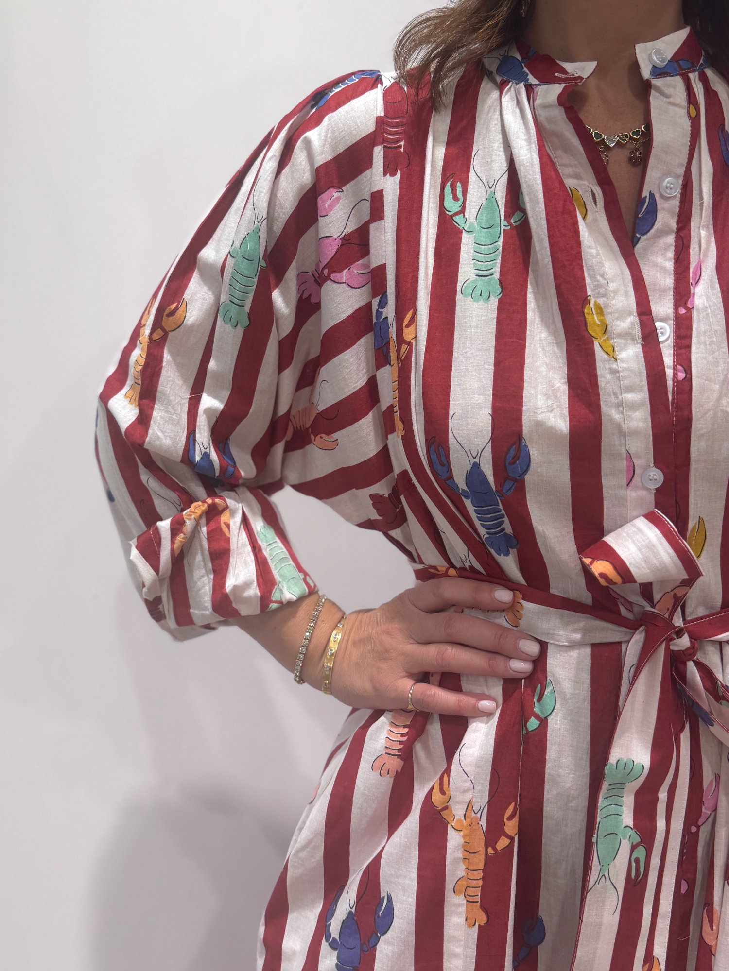 Robe Lobster Bordeaux, une robe longue rayée bordeaux. Une robe taille unique qui se ceinture à la taille. Des manches longues.