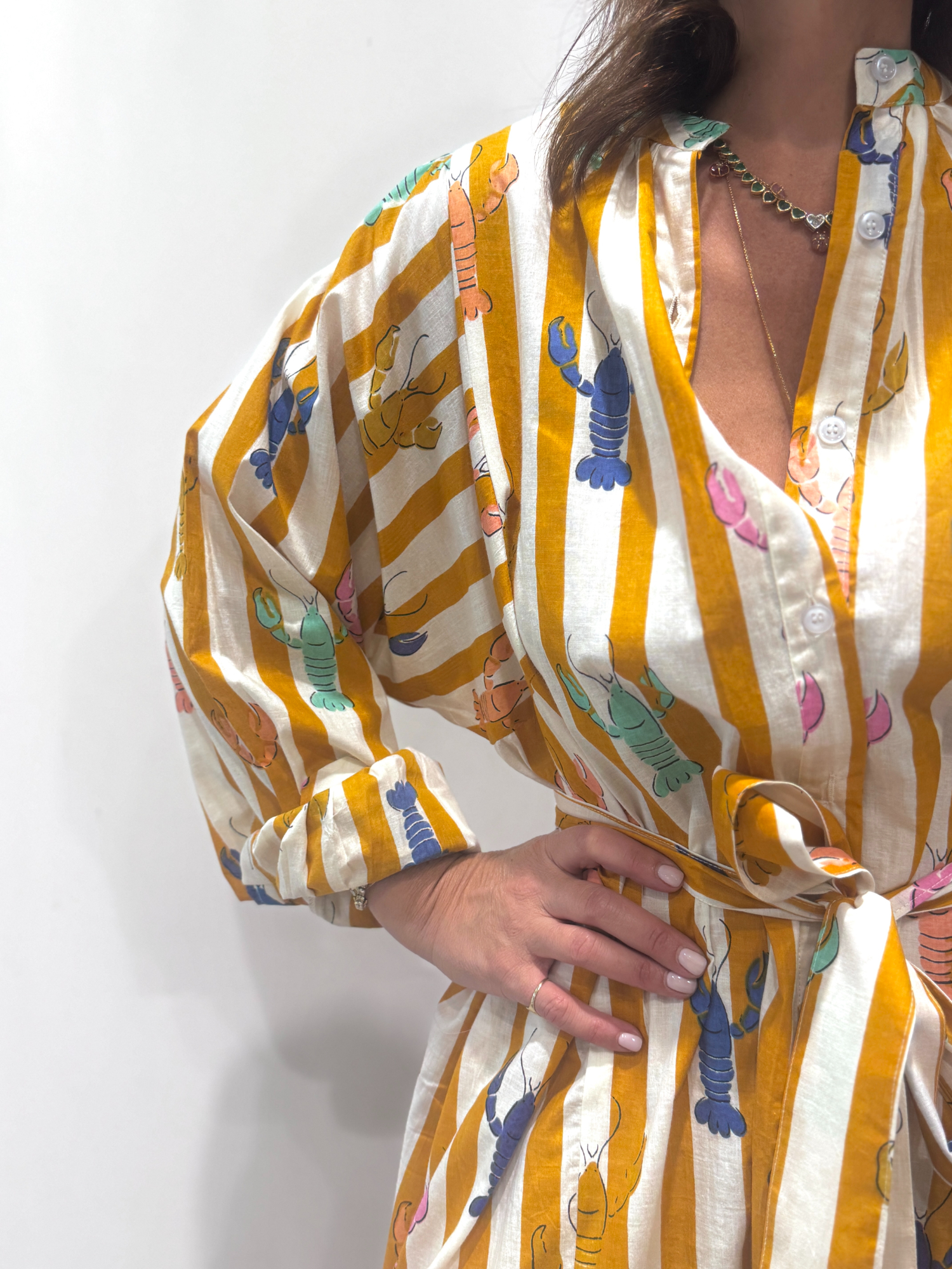 Robe Lobster Jaune, une robe longue rayée jaune. Une robe taille unique qui se ceinture à la taille. Des manches longues.