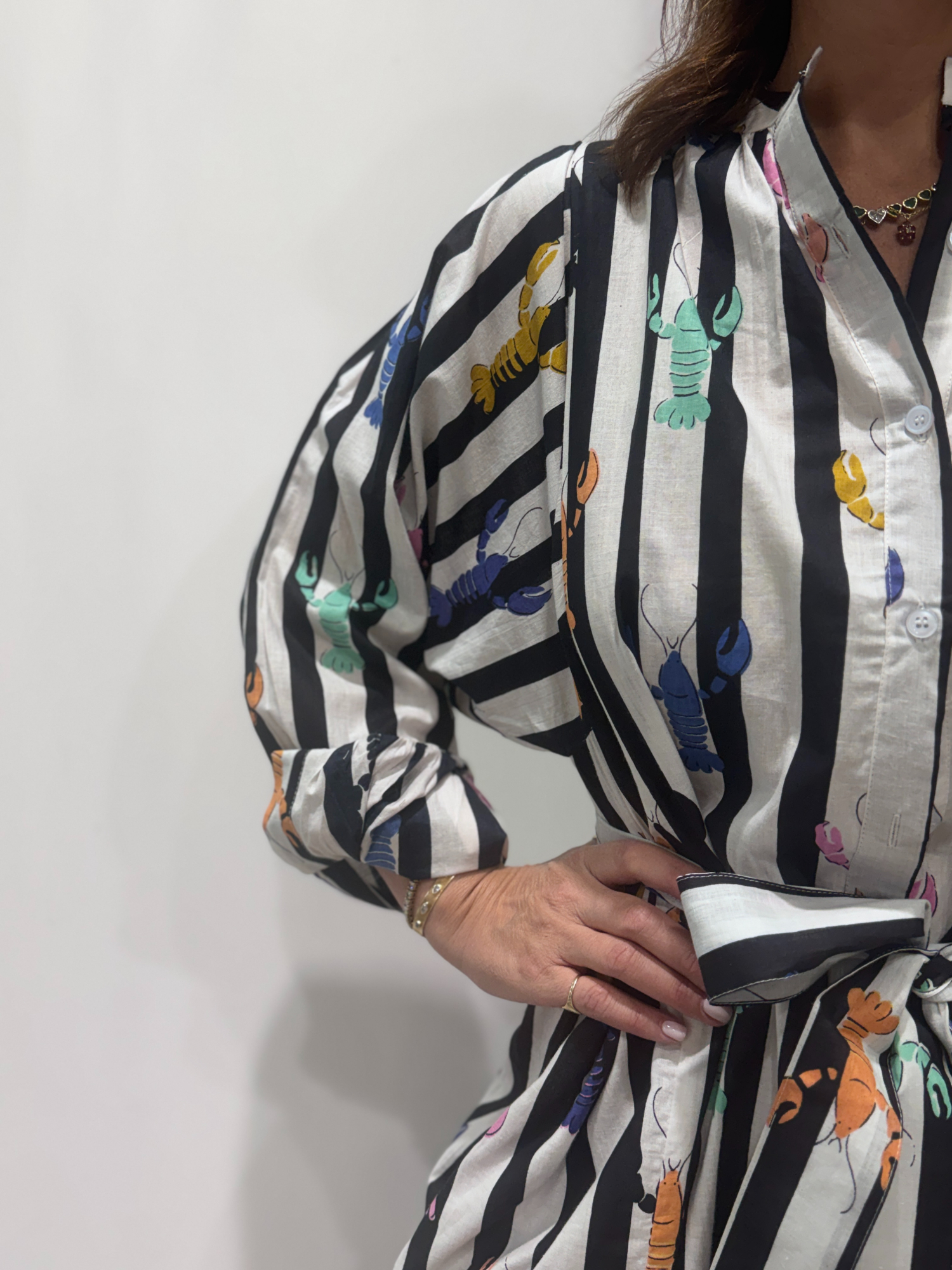 Robe Lobster Noire, une robe longue rayée noire. Une robe taille unique qui se ceinture à la taille. Des manches longues.