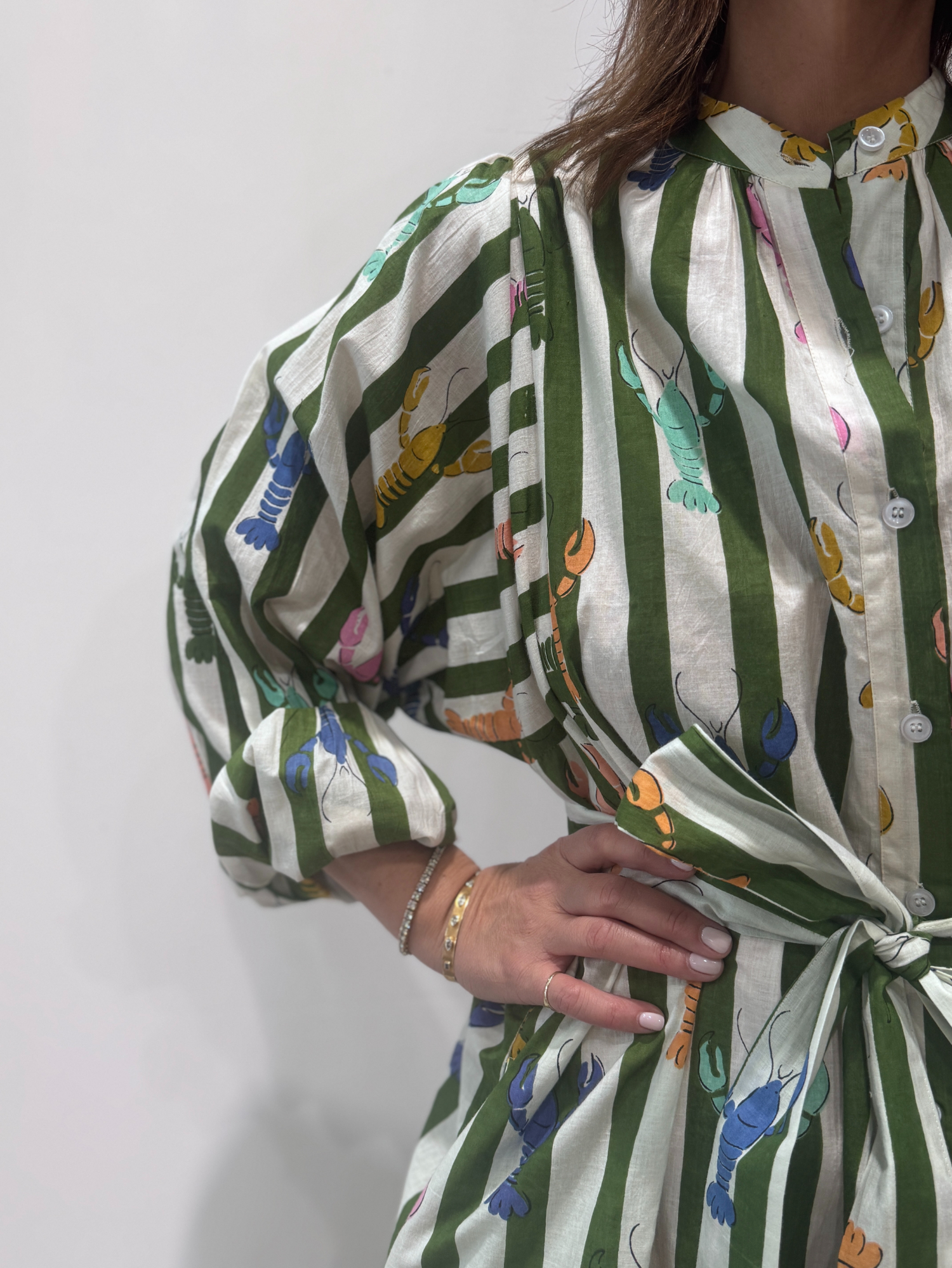 Robe Lobster Verte, une robe longue rayée verte. Une robe taille unique qui se ceinture à la taille. Des manches longues.
