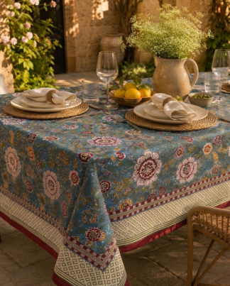 La nappe Amalia une nappe de 180x280 et une nappe sur fond bleu avec des imprimés floraux bordeaux, jaunes et verts. Une nappe pleine de caractère.