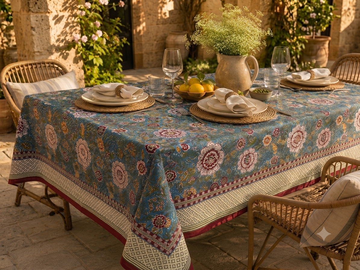 La nappe Amalia une nappe de 180x280 et une nappe sur fond bleu avec des imprimés floraux bordeaux, jaunes et verts. Une nappe pleine de caractère.