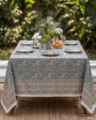 La nappe Ajmer, une nappe colorée et chaleureuse. Une nappe verte aux nuances de jaunes, mauves et roses poudrés. Des imprimés floraux.