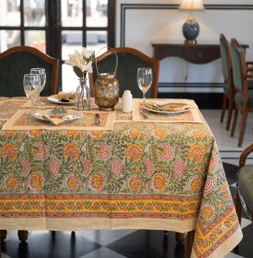 La nappe Goa, une nappe colorée aux imprimés floraux. Une nappe aux nuances de verts, roses et de orange.