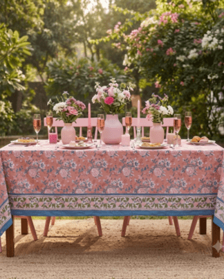 La nappe Kashi, une nappe pour des tables rectangles. Une nappe couleur terracotta avec des imprimés floraux bleus et blancs.
