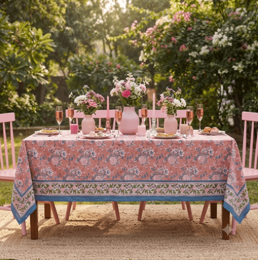 La nappe Kashi, une nappe pour des tables rectangles. Une nappe couleur terracotta avec des imprimés floraux bleus et blancs.