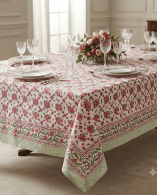 Nappe Naina à motif floral romantique rose et vert, avec une bordure en frise végétale. La table est élégamment dressée avec de la vaisselle blanche et des verres en cristal.