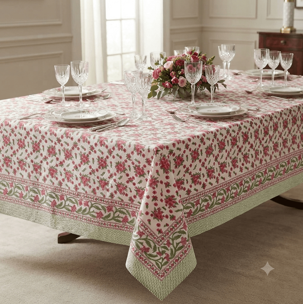 Nappe Naina à motif floral romantique rose et vert, avec une bordure en frise végétale. La table est élégamment dressée avec de la vaisselle blanche et des verres en cristal.