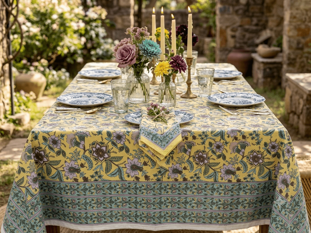 Nappe Peela à fond jaune lumineux et motifs floraux violets, avec une frise décorative verte et mauve sur les bordures. La table est dressée en extérieur avec de la vaisselle raffinée, des bougies et des bouquets de fleurs colorées.