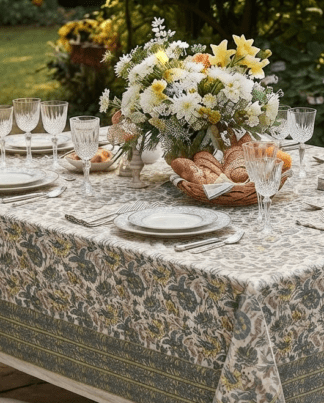 Nappe Shimla à motif floral et végétal aux nuances de vert et de tons naturels, avec une frise décorative sur les bordures. La table est dressée en extérieur avec de la vaisselle raffinée, des verres ciselés et un grand centre de table fleuri.