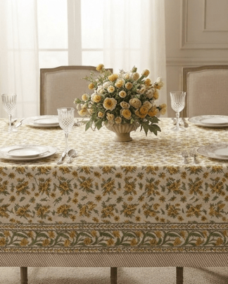 La nappe Vara, une nappe solaire. Une nappe blanche avec des imprimés de fleurs jaunes.