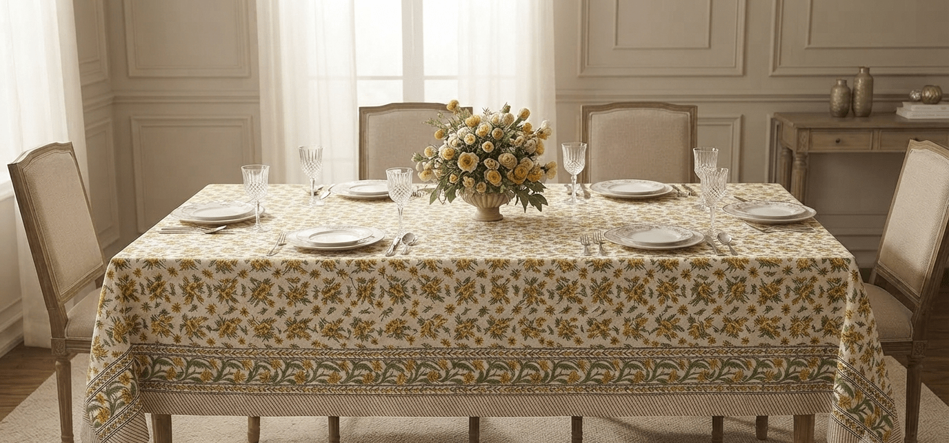 La nappe Vara, une nappe solaire. Une nappe blanche avec des imprimés de fleurs jaunes.
